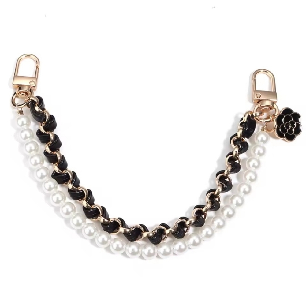 Unbranded Black Leather Gold Chain Pearls Camellia Flower Chain